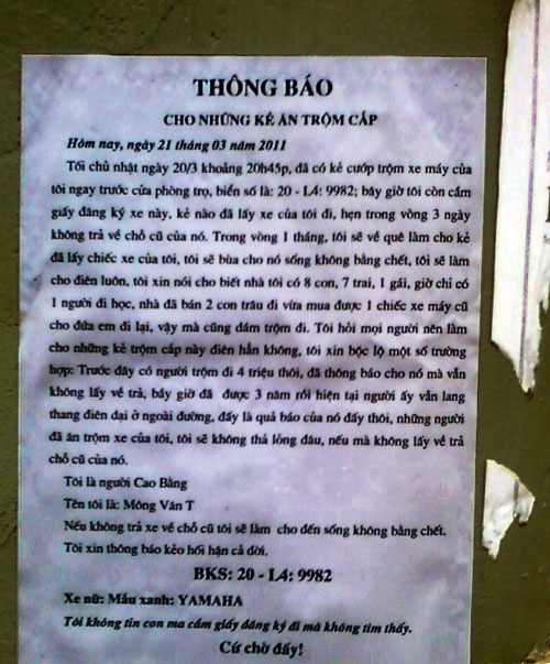 thông báo mất xe