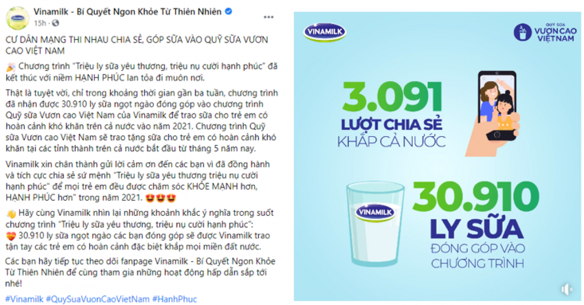Quỹ Sữa Vươn cao Việt Nam 2021 của Vinamilk sẽ có thêm 31.000 ly sữa từ sự tham gia của cộng đồng Chiến dịch do Vinamilk tổ chức đã nhận được sự ủng hộ từ cộng đồng mạng với kết quả gần 31.000 ly sữa sẽ được trao cho trẻ em.