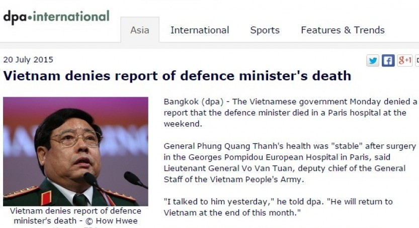 Hãng thông tấn Đức cải chính tin xấu về sức khỏe Bộ trưởng Phùng Quang Thanh
